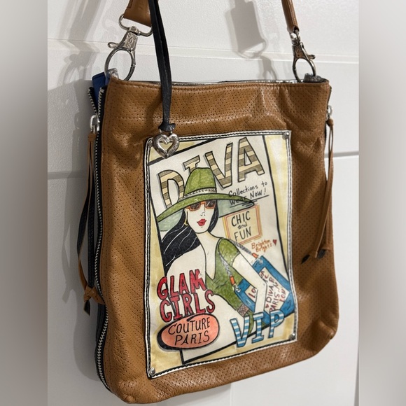 Brighton Diva Black/Brown Leather Bag Purse Handbag Graphic Glam Girls Fashion - Picture 3 of 14